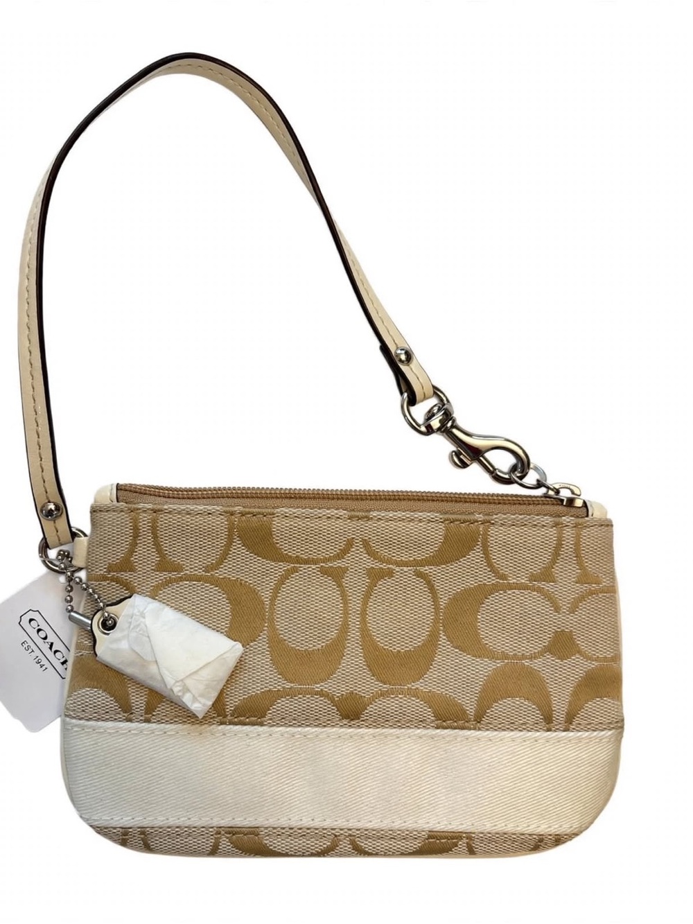NWT Coach F47790 Signature Wristlet Cream Ivory White Stripe 6.5x4 Bridal